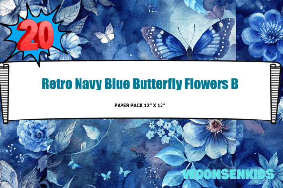 Download New Retro Navy Blue Butterfly Flowers Background Watercolor Png Kdp Digital Paper - Flowers background Collection