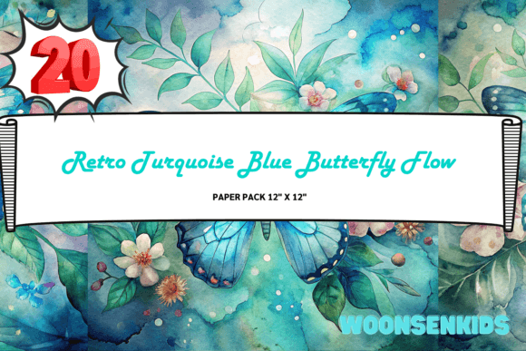 Download Best Retro Turquoise Blue Butterfly Flowers Background Watercolor Png Kdp Digital Paper - Flowers background Collection