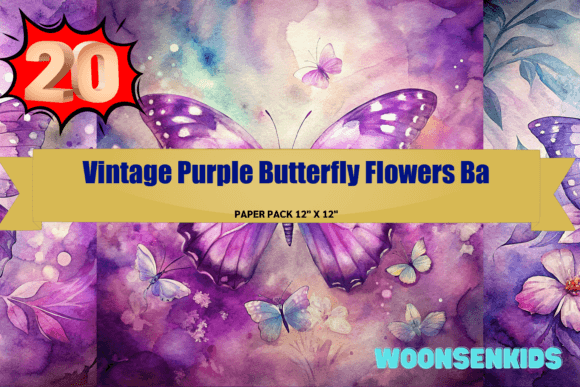 Download Beautiful Vintage Purple Butterfly Flowers Background Watercolor Png Kdp Digital Paper - Flowers background Collection
