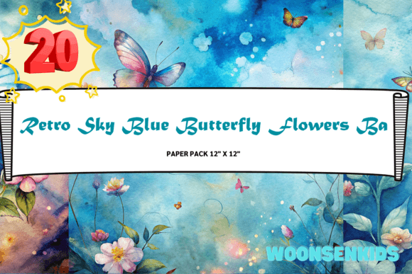Download 20 Retro Sky Blue Butterfly Flowers Background Watercolor Png Kdp Digital Paper - Flowers background Collection